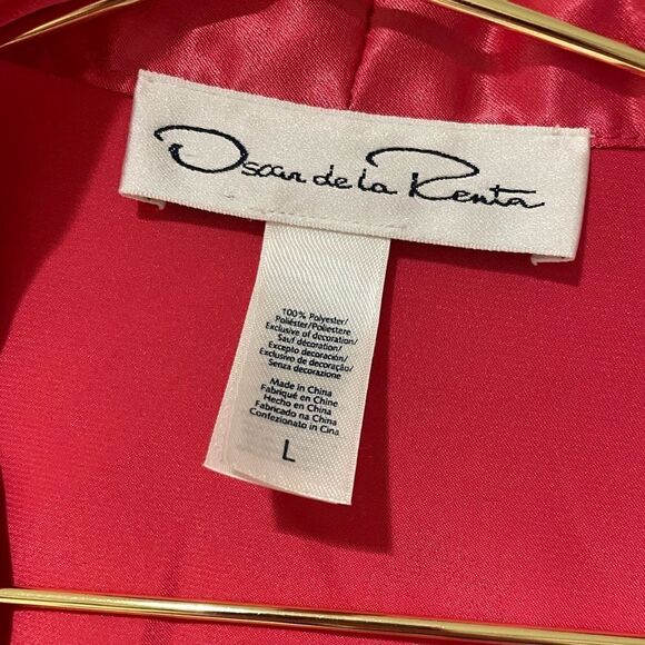 EUC Vintage Oscar de la Renta Red/Pink Satin Polyester Robe Sz. L Black Lace - Picture 2 of 5